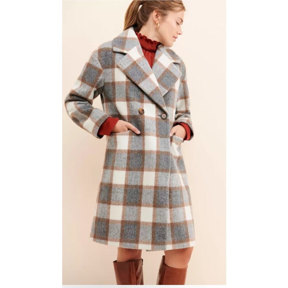 Urban Outfitters Classic Checks Coat XS Plaid Double Breasted Wool Blend